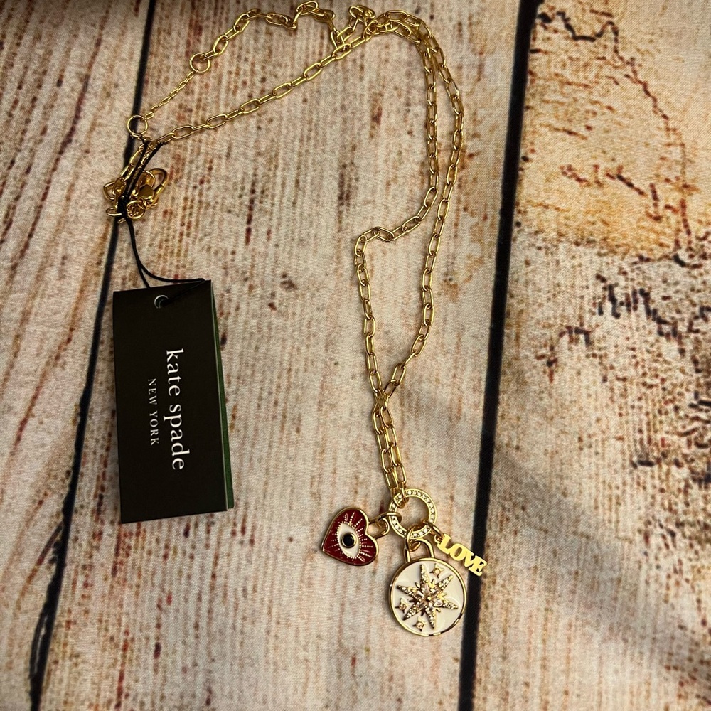 Kate Spade Gold Charm Necklace with Red and White Accents